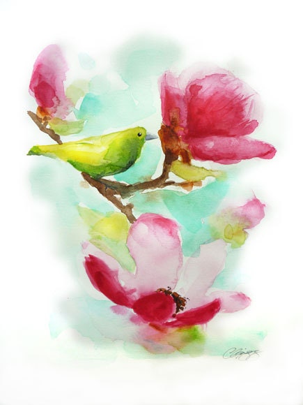 Bird and Magnolia 3 original watercolour painting