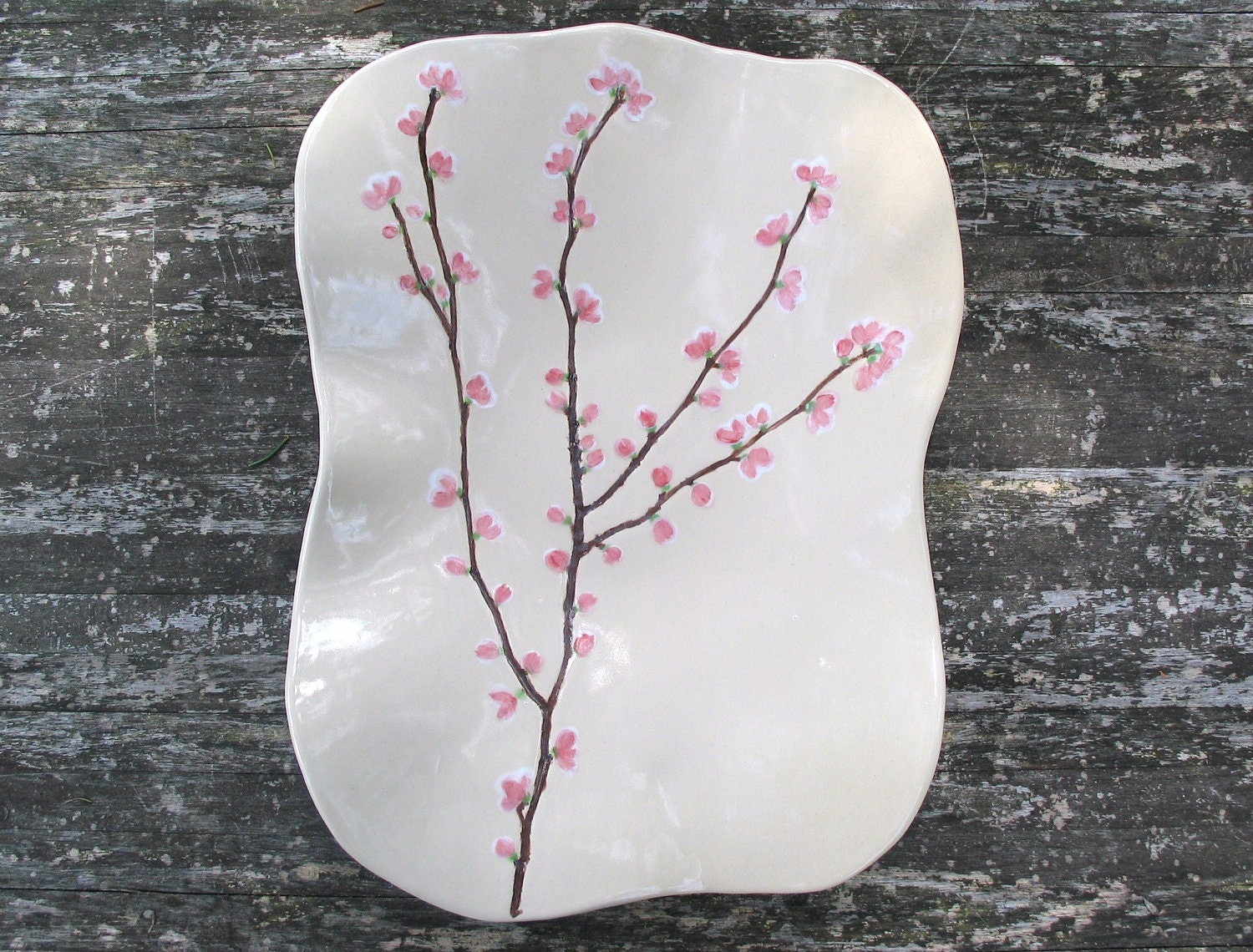 Serving dish creamy white ceramic painted pink blossom Sakura large plate MADE TO ORDER