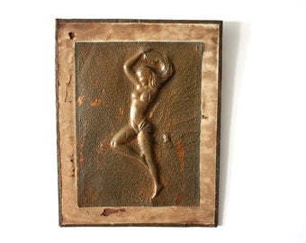 Vintage Wall Art // Copper Pin Up // Boho Dancer Decor // Burlesque Girl // Outsider Art // Pressed Copper Relief