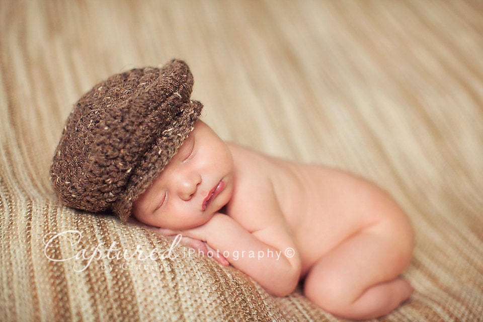 Boys Newborn Crochet Driver Cap - Newsboy Barley Brown Photography Prop