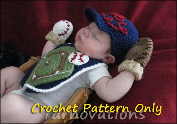 Baseball Crochet Newborn Outfit - Baseball Cap (Hat), Mitts (Mittens), Bib - Crochet Pattern