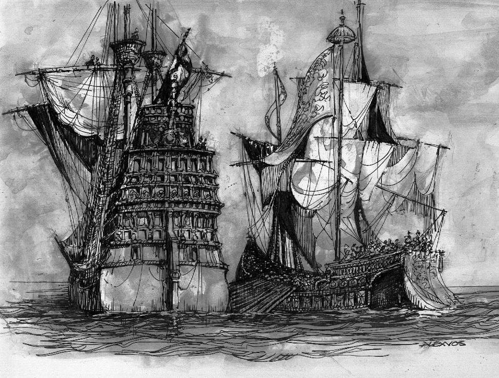 Royal British Galleons - Original handmade ink and color drawing