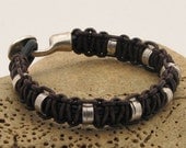 FREE SHIPPING .Unisex leather bracelet.Black and brown leather macrame knot, handmade bracelet  with silver plated beads and clasp