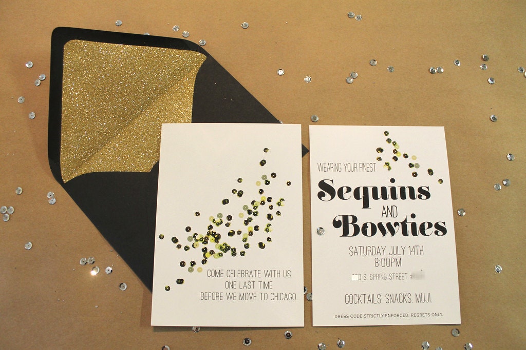 Sequins & Bow ties themed Printable Party Invitation Gold/White/Black (new years eve, couples shower)