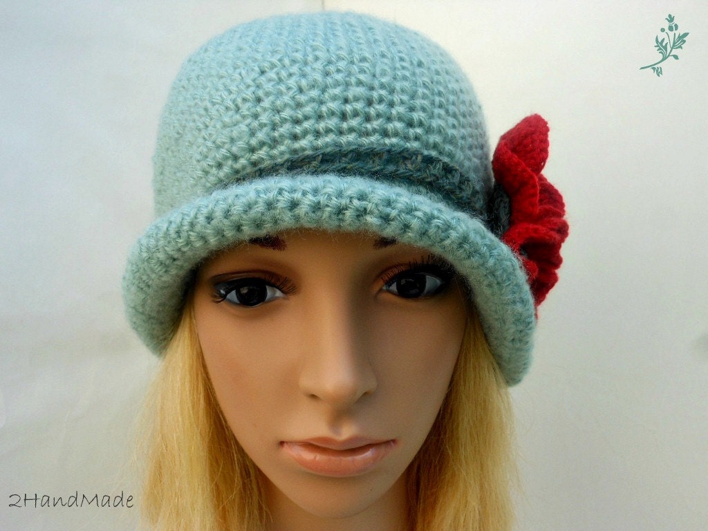 Chunky Crochet Womens Ladies Teens 192O Elegant Flapper Cloche beanie brimmed Hat Green Angora Wool Vintage Style