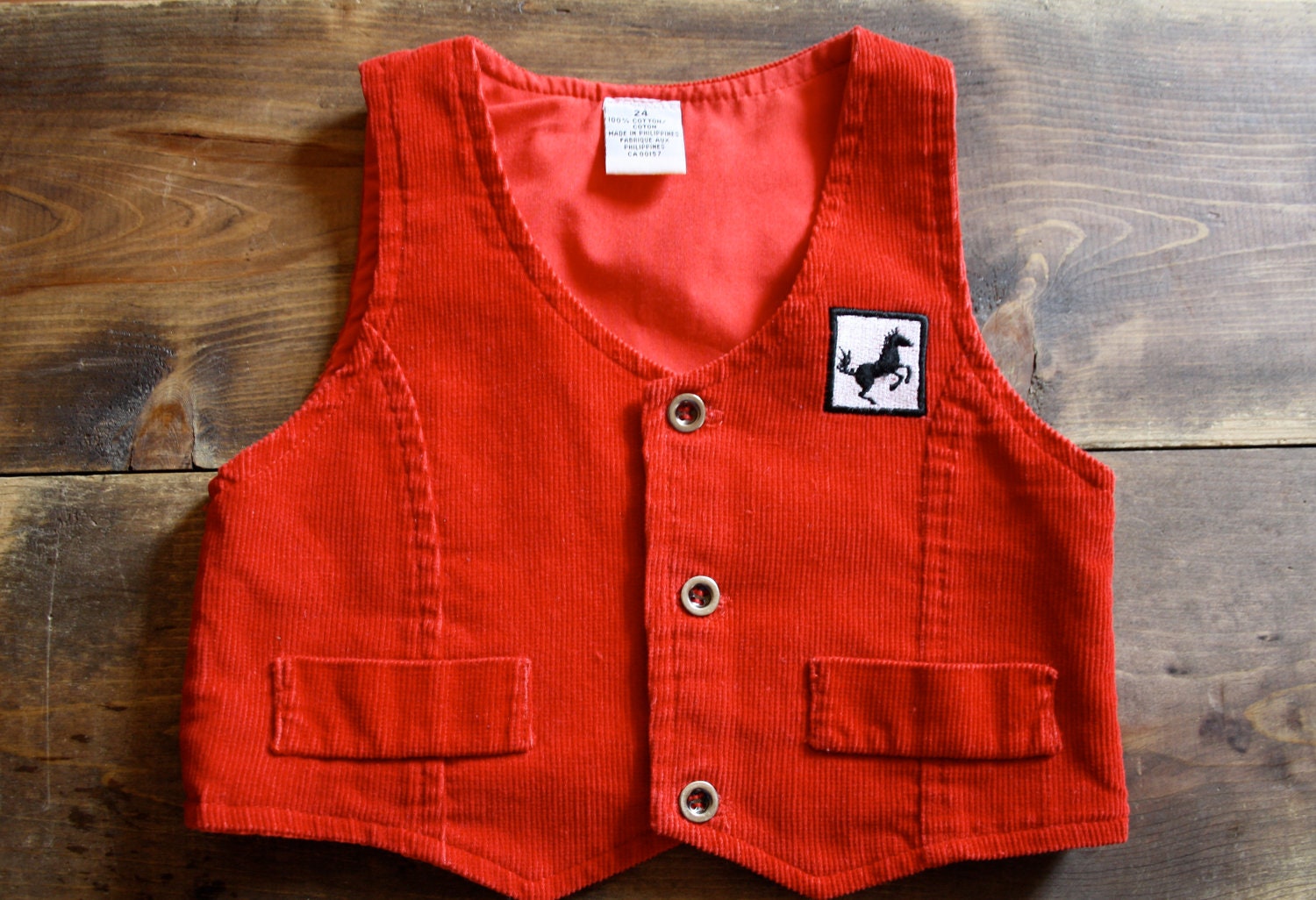 Vintage red corduory vest / waistcoat / black stallion applique / baby 6-12 months - bondplacevintage