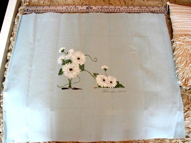 White Daisy Flower Shoe - Handpainted and Signed on Fabric - For Pillow approx. 18 x 23. You Sew.