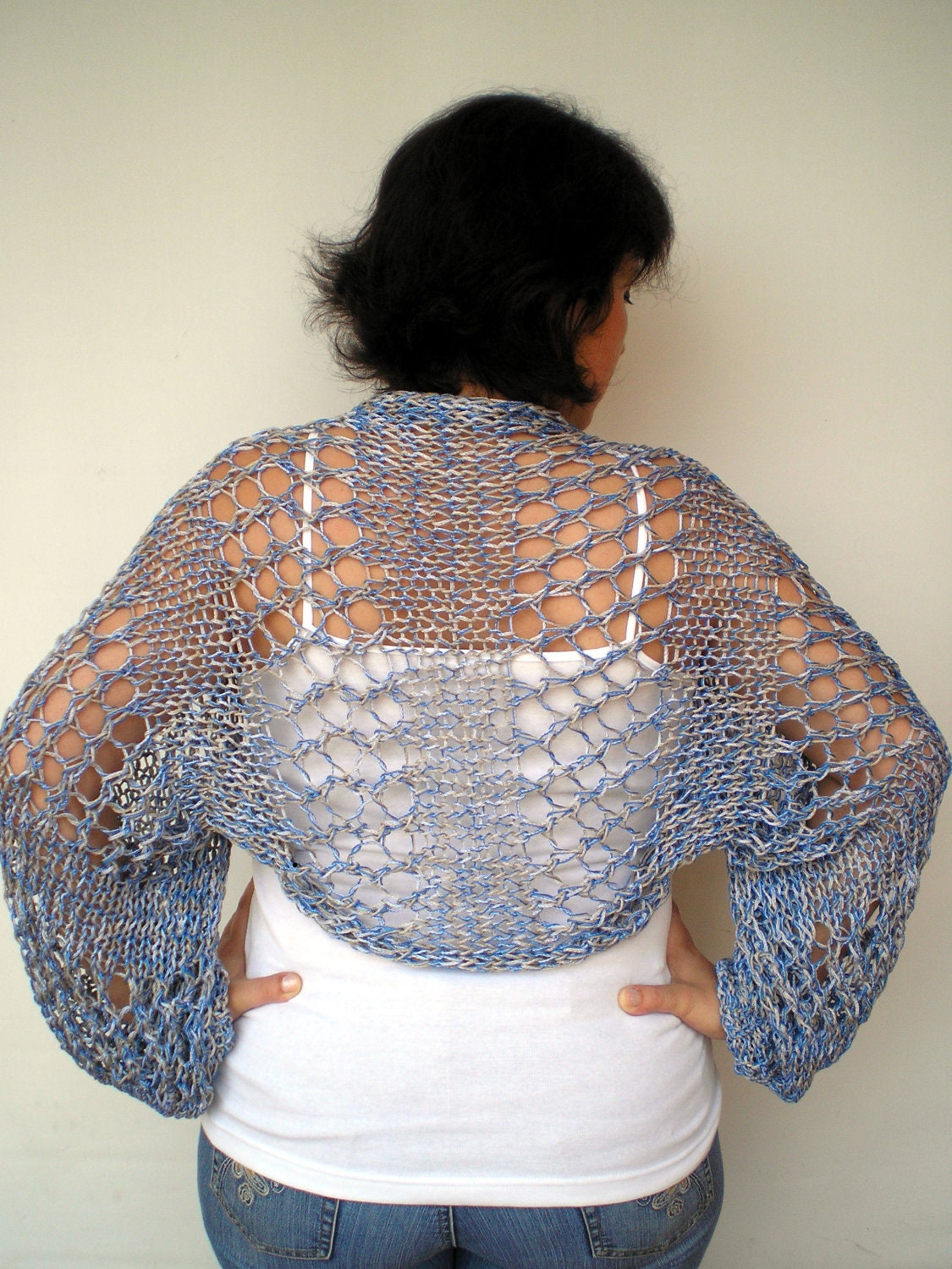 Lace Drops   Shrug Hand Knit  Long Sleaves  Bolero  Woman Trendy  Luxury Cotton Shrug
