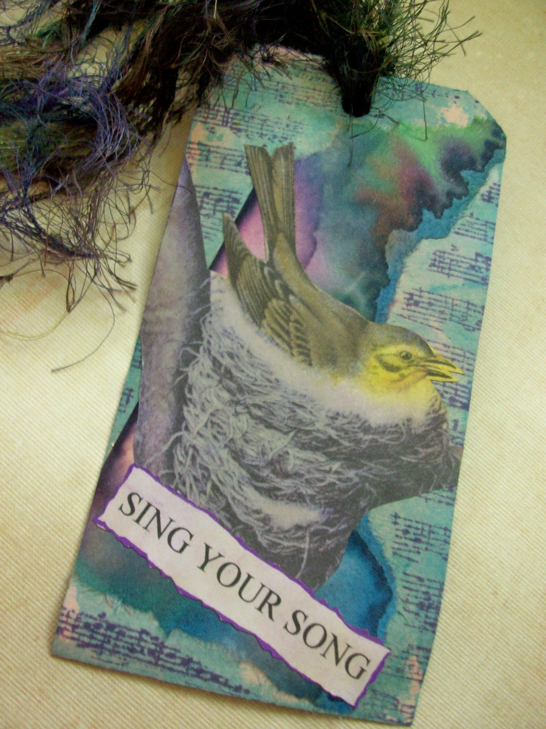 OOAK Collage and Ink Tag / Bookmark "Sing Your Song"