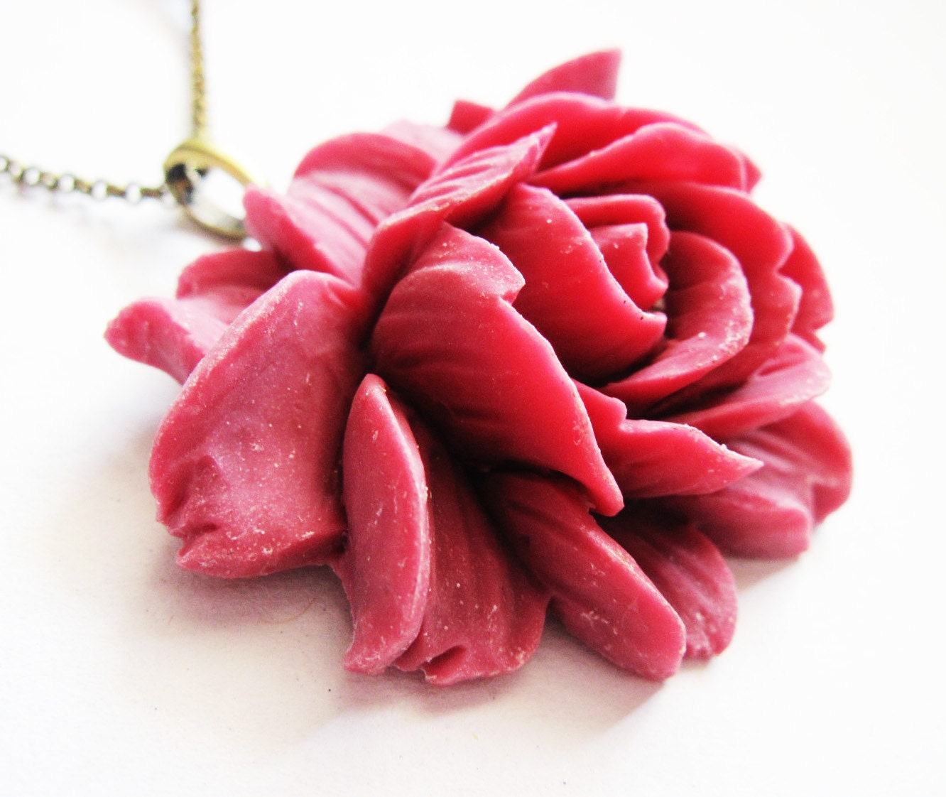 red rose necklace, flower necklace, long necklace pendant, chunky necklace, flower jewelry necklace, rolo chain, cabochon necklace, hot pink