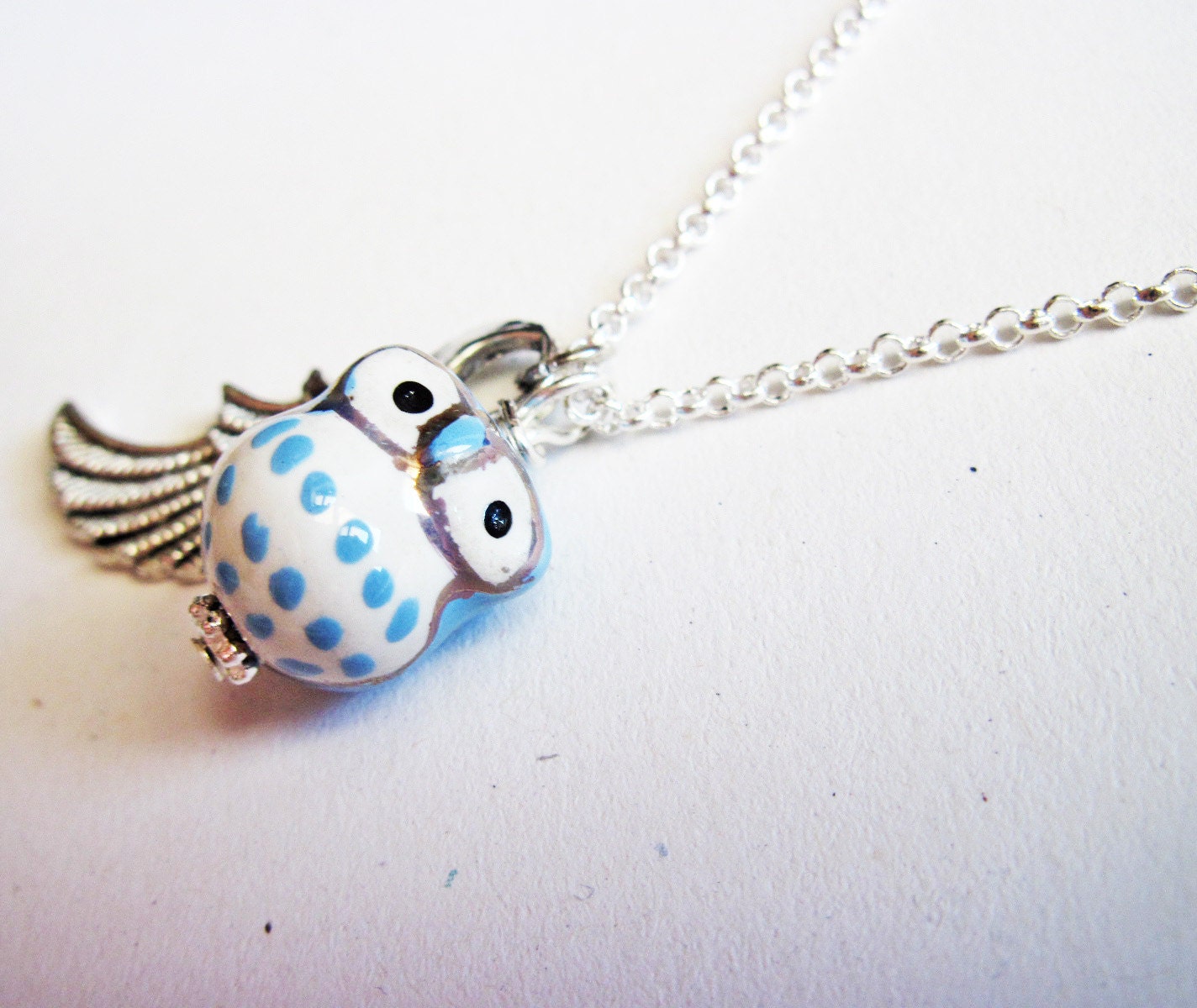 Owl Necklace Silver, Owl Pendant, Owl Jewelry, Feather Necklace, Owl Bead, Lovely Owl Necklace, handmade necklace, owl pendant, ceramic owl