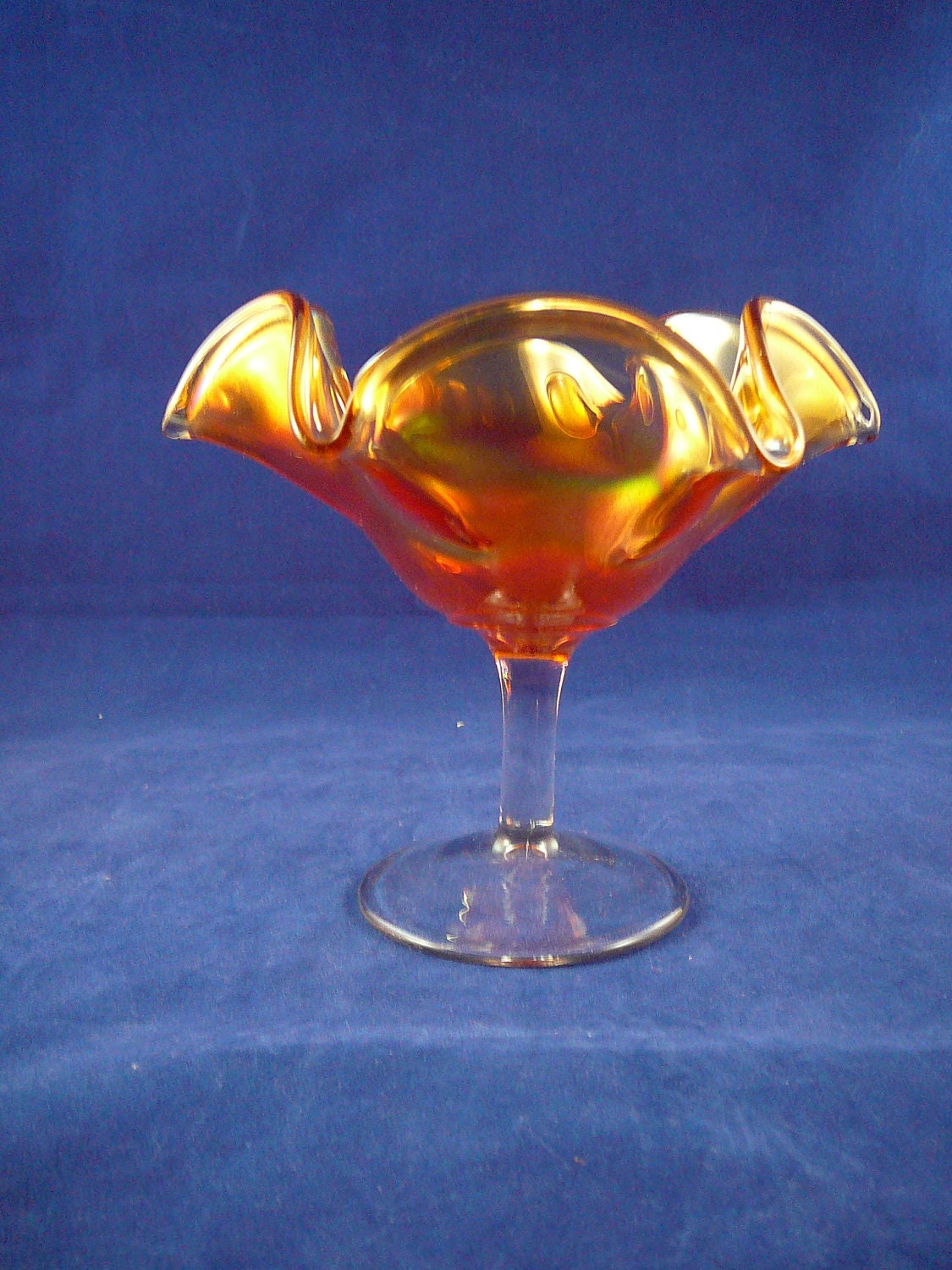 Iridescent Orange Carnival Glass Crimped Pedestal Compote/ Dish