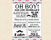 Mustache Baby Shower Invitation Little Man  Printable Baby Boy Vintage Blue Red