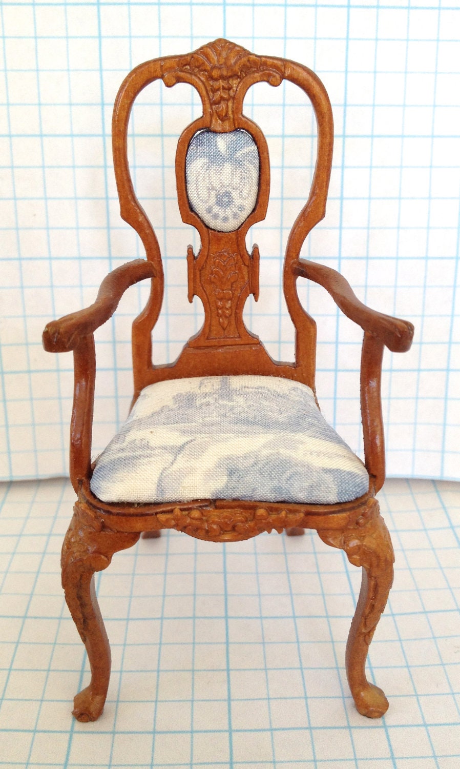Chair Bespaq With Blue and  White Printed Silk - by Pat Tyler Miniatures