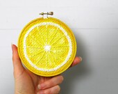 Lemon Embroidery Hoop Art, Painted Burlap, Kitchen Wall Art, Fabric Wall Art, Hand Sewn Textile Art, Mixed Media Painting, Fiber Art