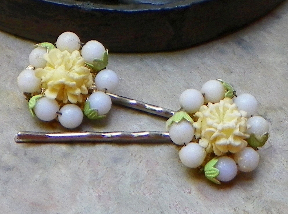 Decorative 50 60's Spring Yellow Blossom Vintage Bobby Pins, West Germany Upcycled