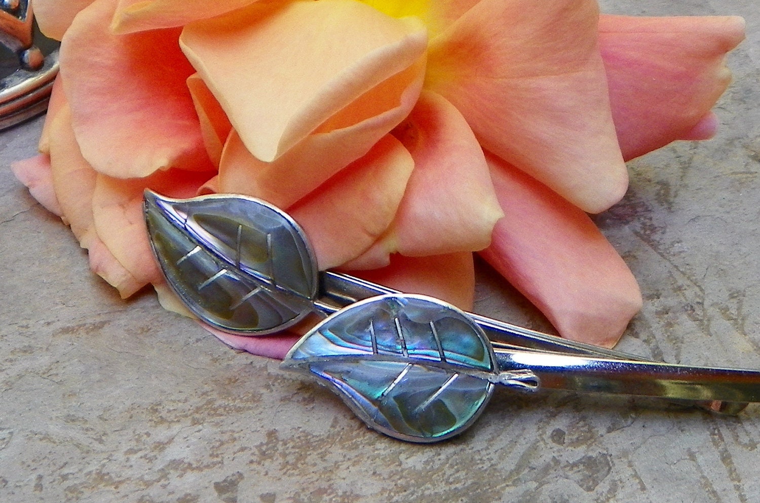 Unique Bohemian Boho Hippie Sterling Silver Abalone Hair Pins, Vintage Mexico Recycled