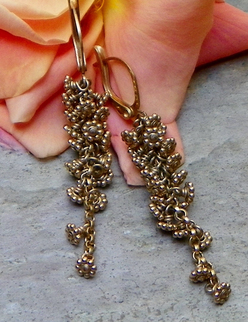 Golden Woodland Wisteria Flower Dangle Earrings