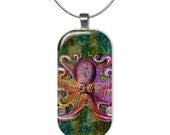 Octopus Necklace Ocean Beach Glass Tile Pendant Necklace Watercolor 22 Inch Silver Plated Chain Included Beach Jewelry Sea Altered Art