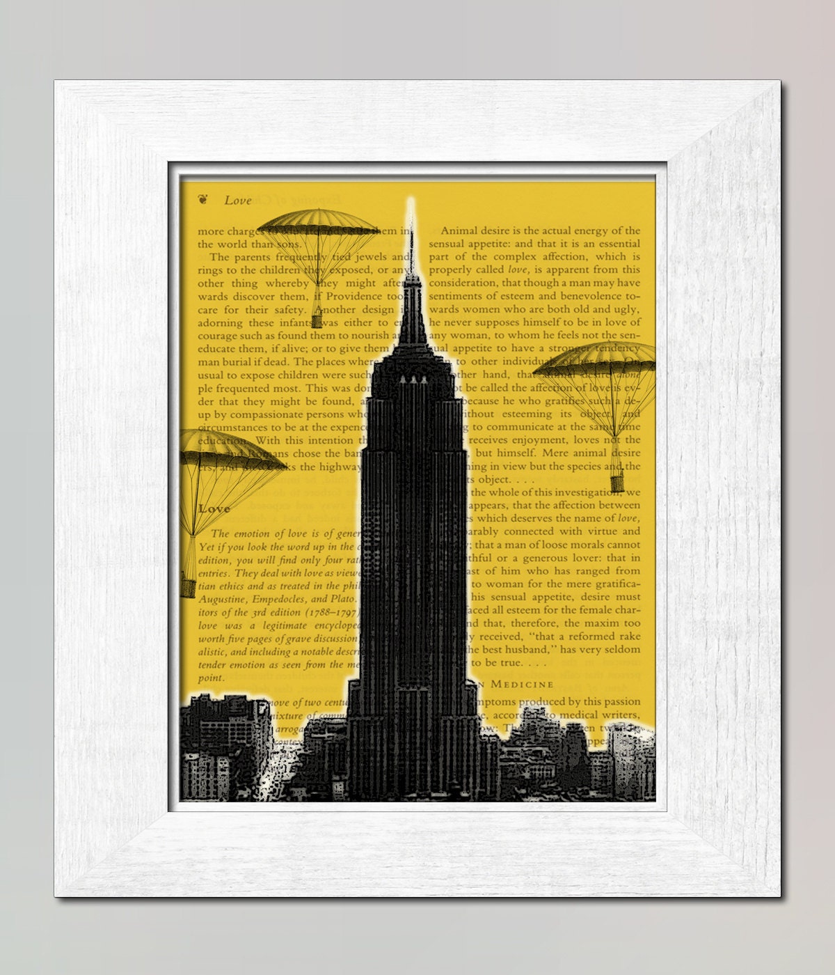 Descending in NYC over Empire State Building Print on salvaged page book art print, children decor, kids wall art, wall art
