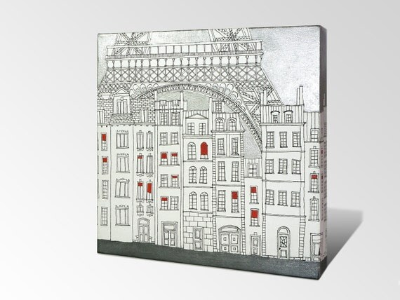 RESERVED item - SHINY PARIS - Original acrylic painting on canvas board - Ready to hang,Eiffel tower,Silver,Unique,Paris decor,red,white