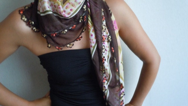 Multicolor Turksih Yemeni-Brown with Pink and Red-Handmade Crochet Embroidery Lace-Handmade Oya-2012 Fashion-Woman-Turkish Traditional Scarf