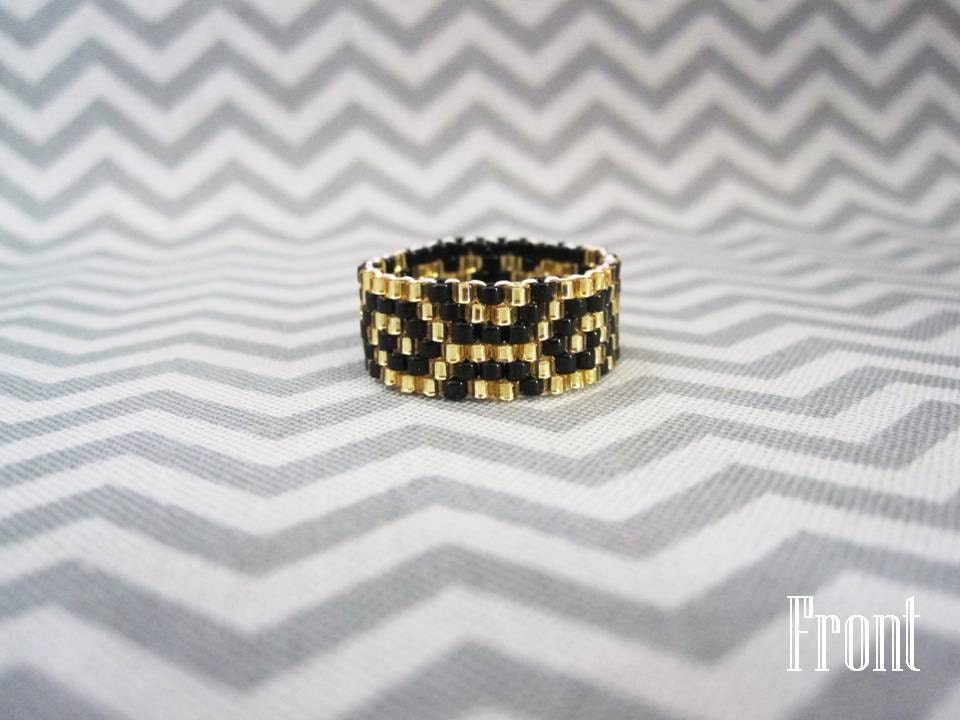 Hand-Beaded Black & Gold Original Design Ring