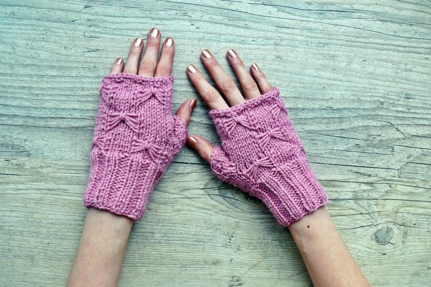 pink fingerless mittens - pastel butterflies