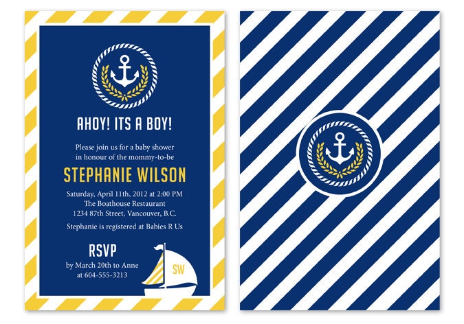 Bridal Shower Invitation / Baby Shower Invitation - Nautical Anchor Sailboat / Navy Blue Yellow