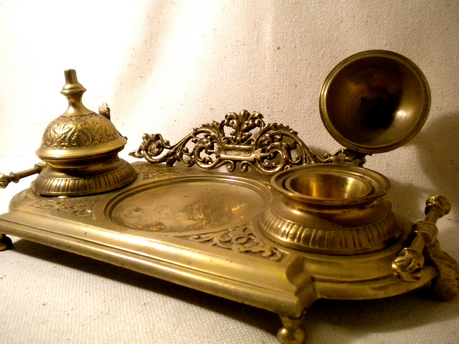 Vintage Victorian Ornate Brass Double Inkwell Footed