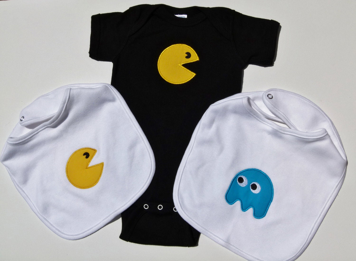 Baby Onesie and Bib Gift Set Customize Pacman Mrs Pacman and Ghosts