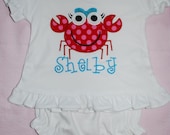 Toddler dress romper with polka dot Crab / Pink and Red Monogram Personalized White Dress for the Beach