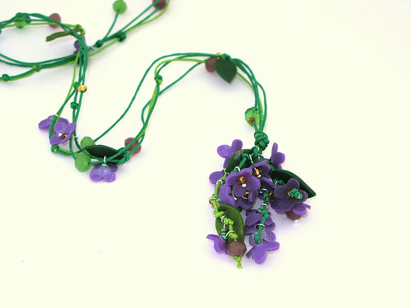 Purple lariat. Lilac bouquet polymer clay necklace. Handcrafted unique jewelry. FREE SHIPPING. Made to order