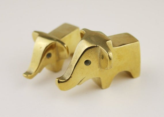 Retro Small Pair Brass Elephants Ornaments Paper Weights Cubist Style Modern Shape