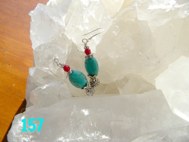 Turquoise color Howlite with red coral and pewter Earings