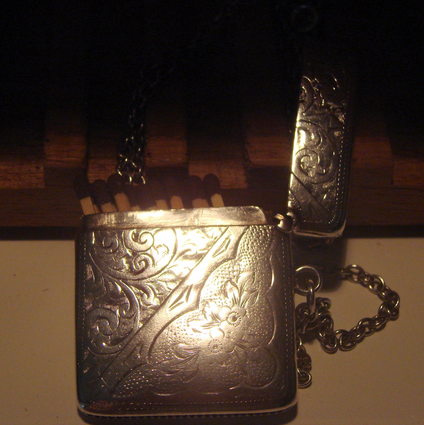 RESERVED Edwardian Antique Sterling Silver Vesta Case with Chain