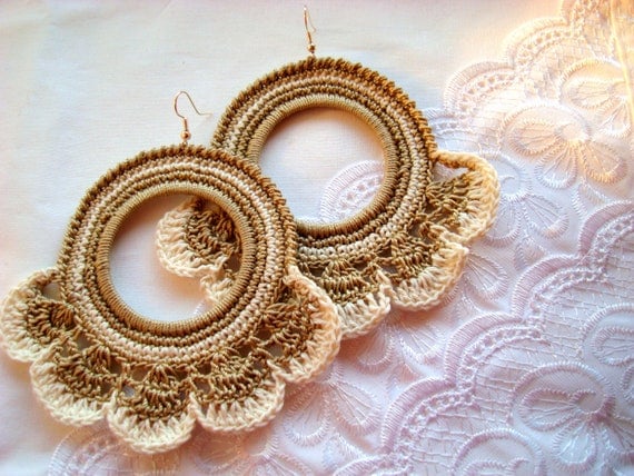 SALE -30% Crochet Hoop Earrings Handmade Jewelry ecru white Earrings
