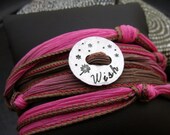SALE D2E hand dyed silk yoga wrap bracelet with hand stamped "Wish" charm, magnetic clasp, adjustable, dandelion