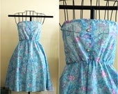Vintage Robin's Egg Blue Floral Strapless Sundress //  Dress  Sz M/L - 1970s