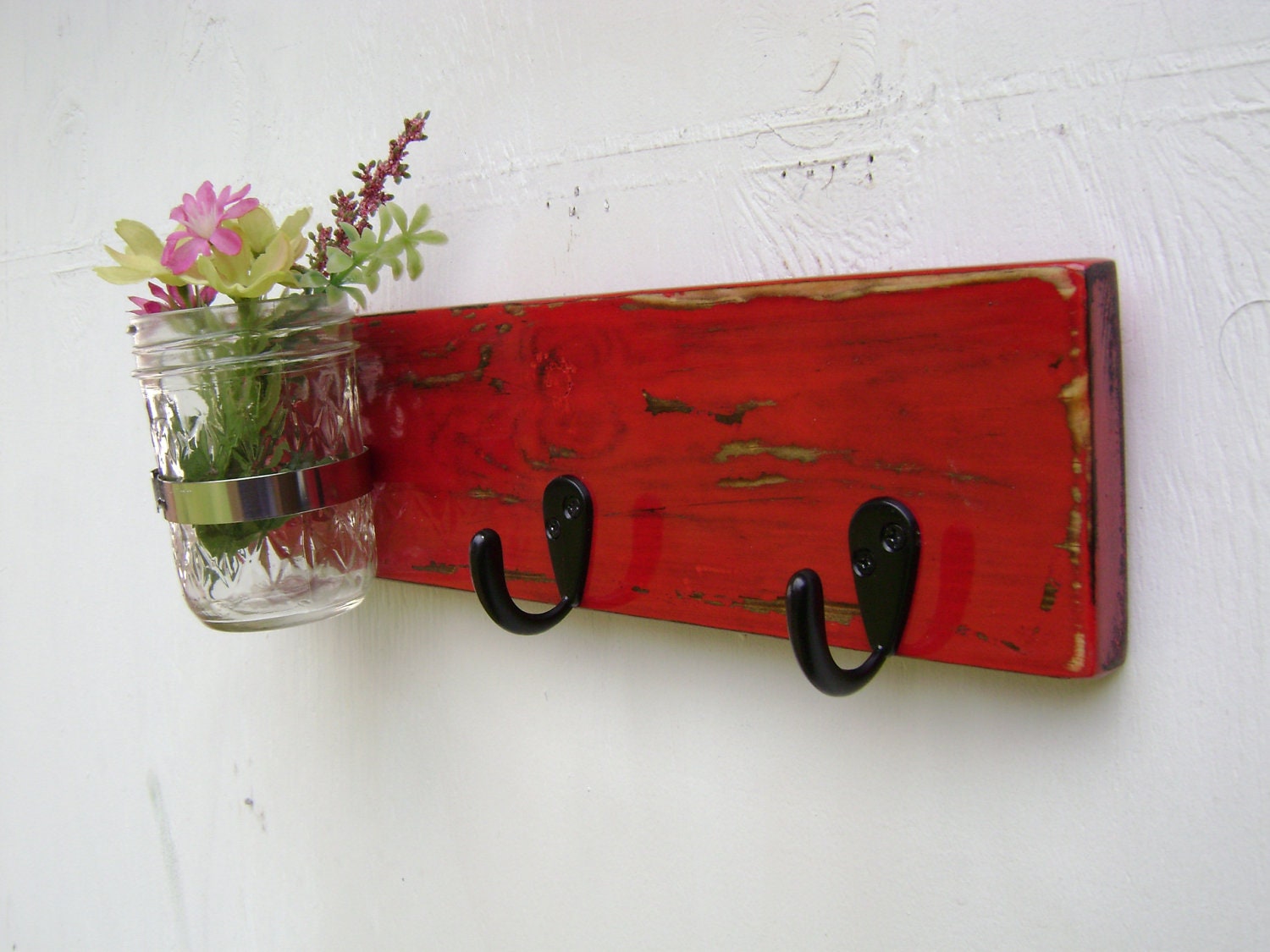 Red key hook wall key hanger wood vase key holder organizer , rustic cottage decor - painted Tru red