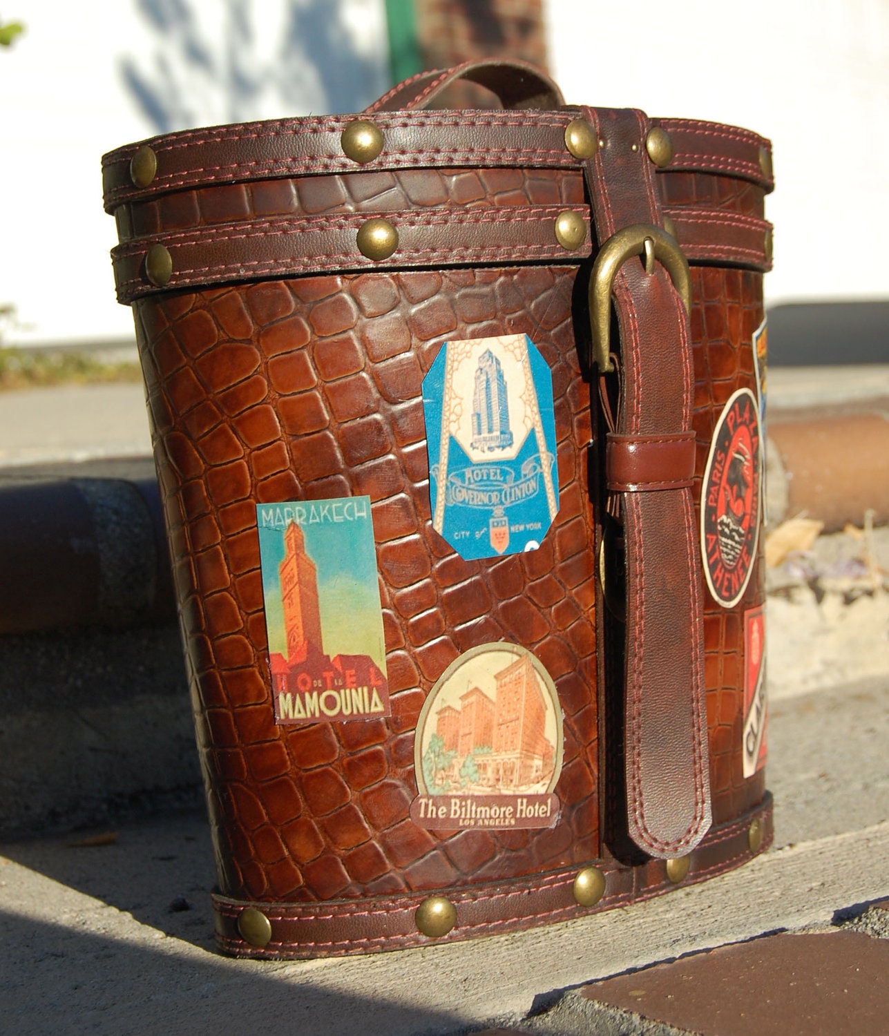 Mini Vintage Travel Steam Trunk - Cylindrical Brown Leather Body with Leather Strap/Brass Closure & Mini Travel Stickers