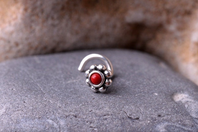 NOSE ring STUD Handcrafted Sterling Silver Flower with 2mm Red Coral Stone