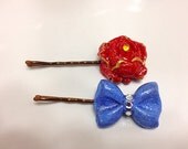 Beauty and the Beast Inspired Blue Bow and Rose Bobby Pins Set