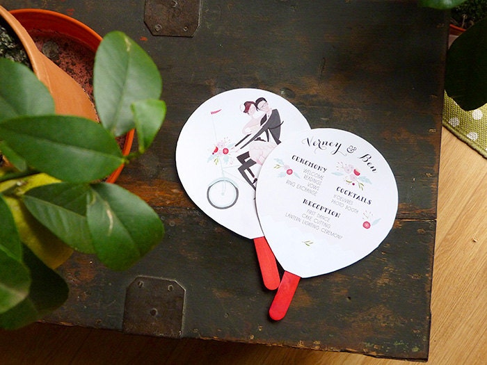 Cream Herringbone, Mint Bike, Portrait, Custom Wedding Fan Program