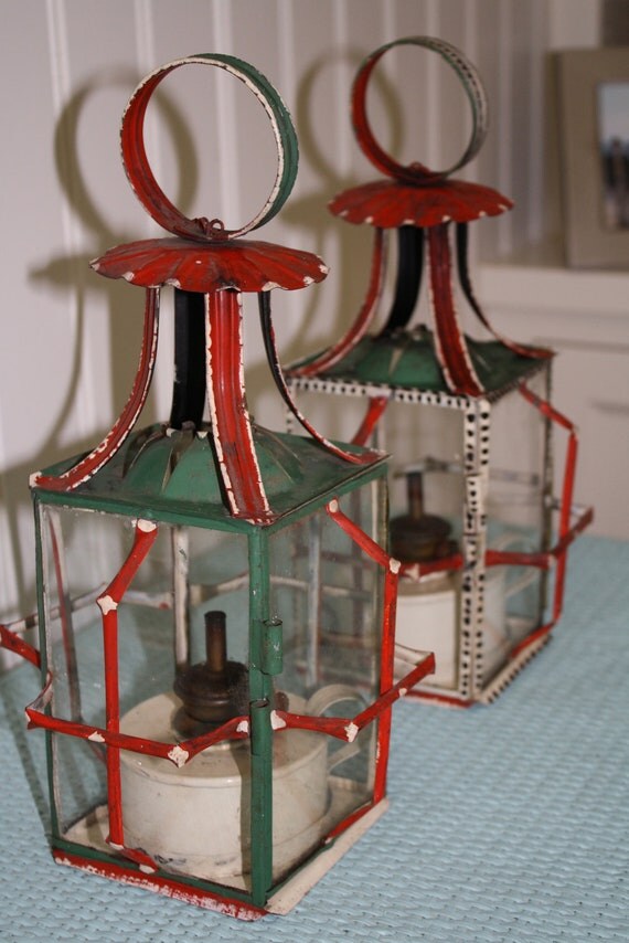 Chinoiserie / Chinese / Asian vintage oil lanterns painted tole with bamboo like brackets red and aqua