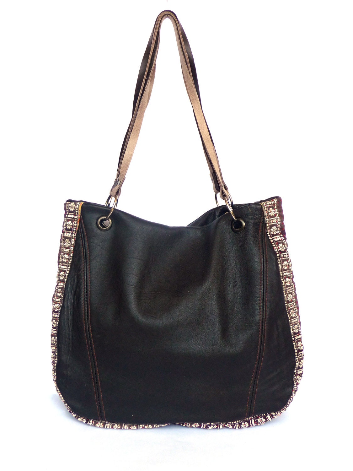 recycled leather and kantha quilt bag / tote