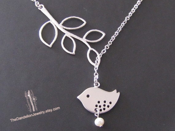 SALE, 10% OFF: Branch and bird lariat necklace with freshwater pearl in white gold, Bird necklace, branch necklace, bird pendant