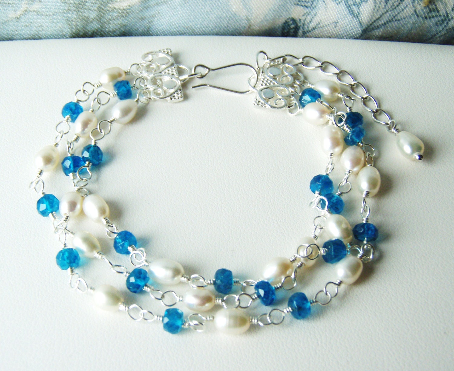 RESERVED - Blue apatite and pearl multi strand bracelet, sterling silver jewellery