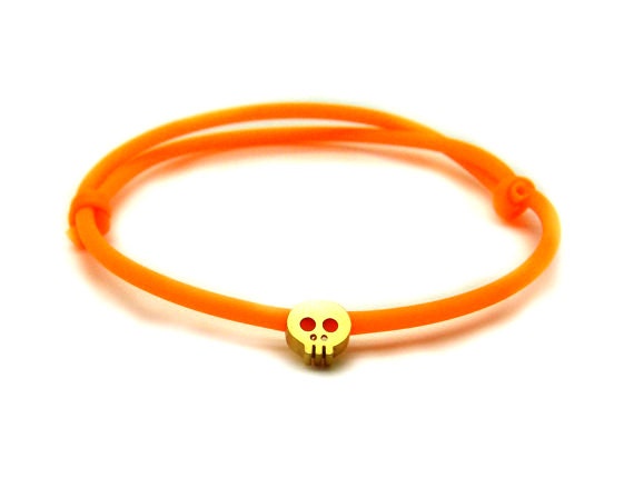 Neon Tiny Skull Bracelet - Rubber Bracelet W/ Tiny Matt 14k Gold Plated Skull Charm In Neon Orange - READY TO SHIP