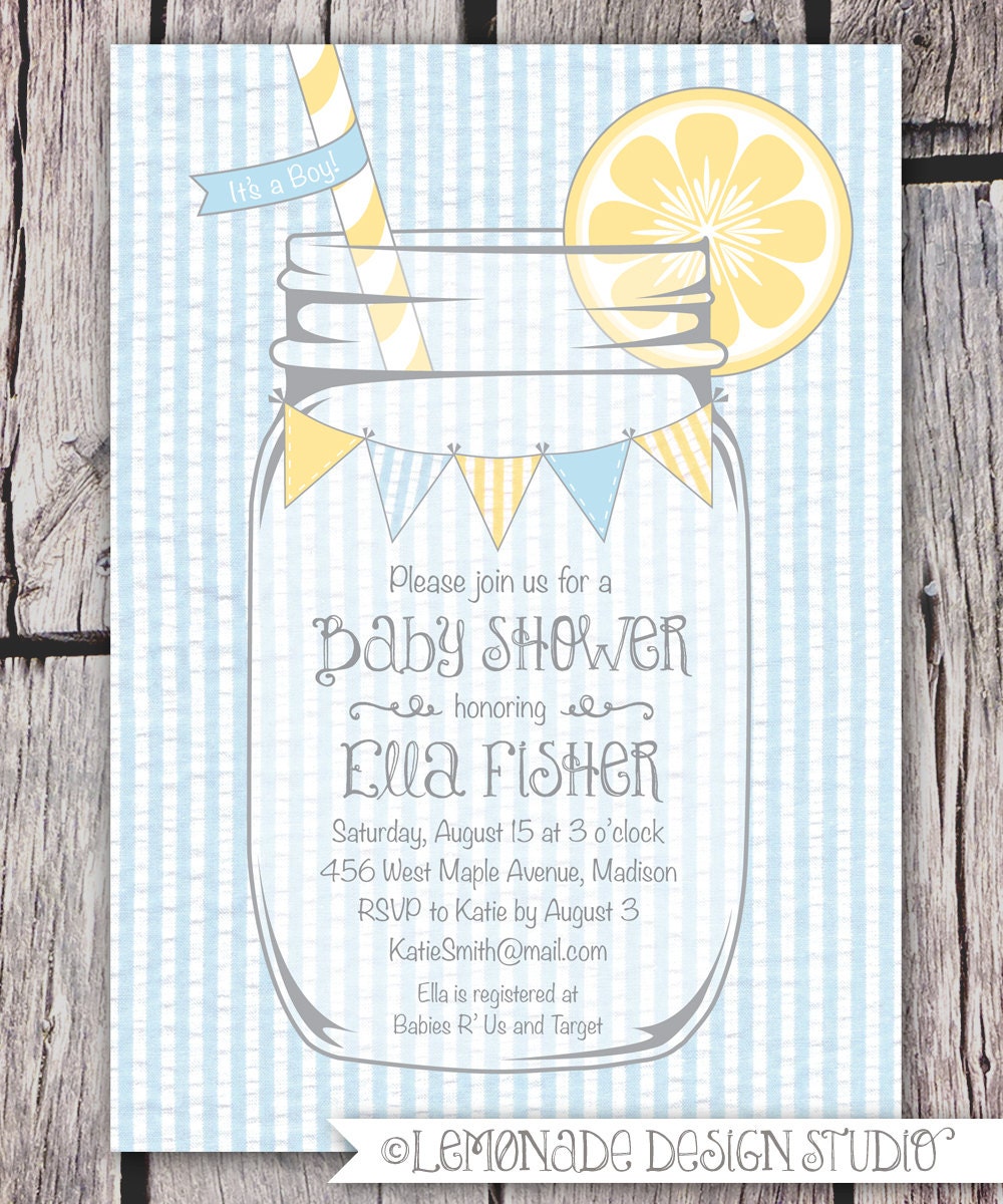 Mason Jar and Seersucker Invitation - Printable Baby Shower Invitation - Lemonade - Bunting - Baby Boy - Bridal Shower or Birthday Party